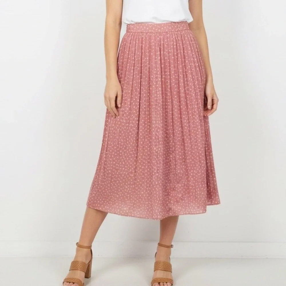 Exlura Women Pink Polka Dot Pleated Midi Skirt Elastic High Waist Pockets Size M